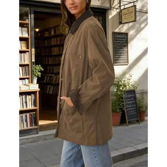 Oversized Cotton Barn Jacket with Corduroy Collar and Pockets - Picture 3 of 8
